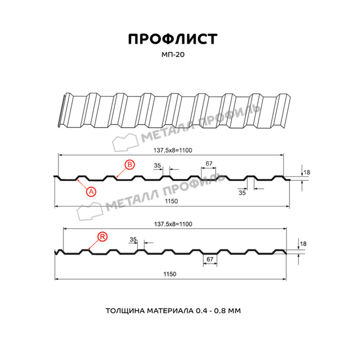 Профлист Металл Профиль МП20 0.45 Полиэстер RAL 6033 Бирюзовая мята B